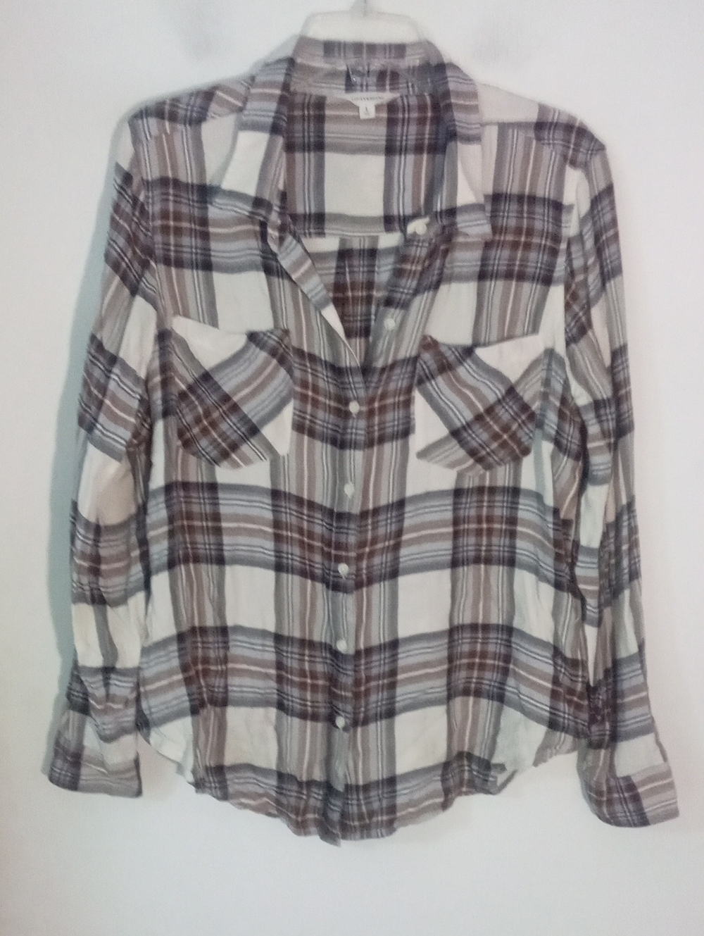 * Lucky Brand Plaid Button-Up Shirt White & Brown Large EUC